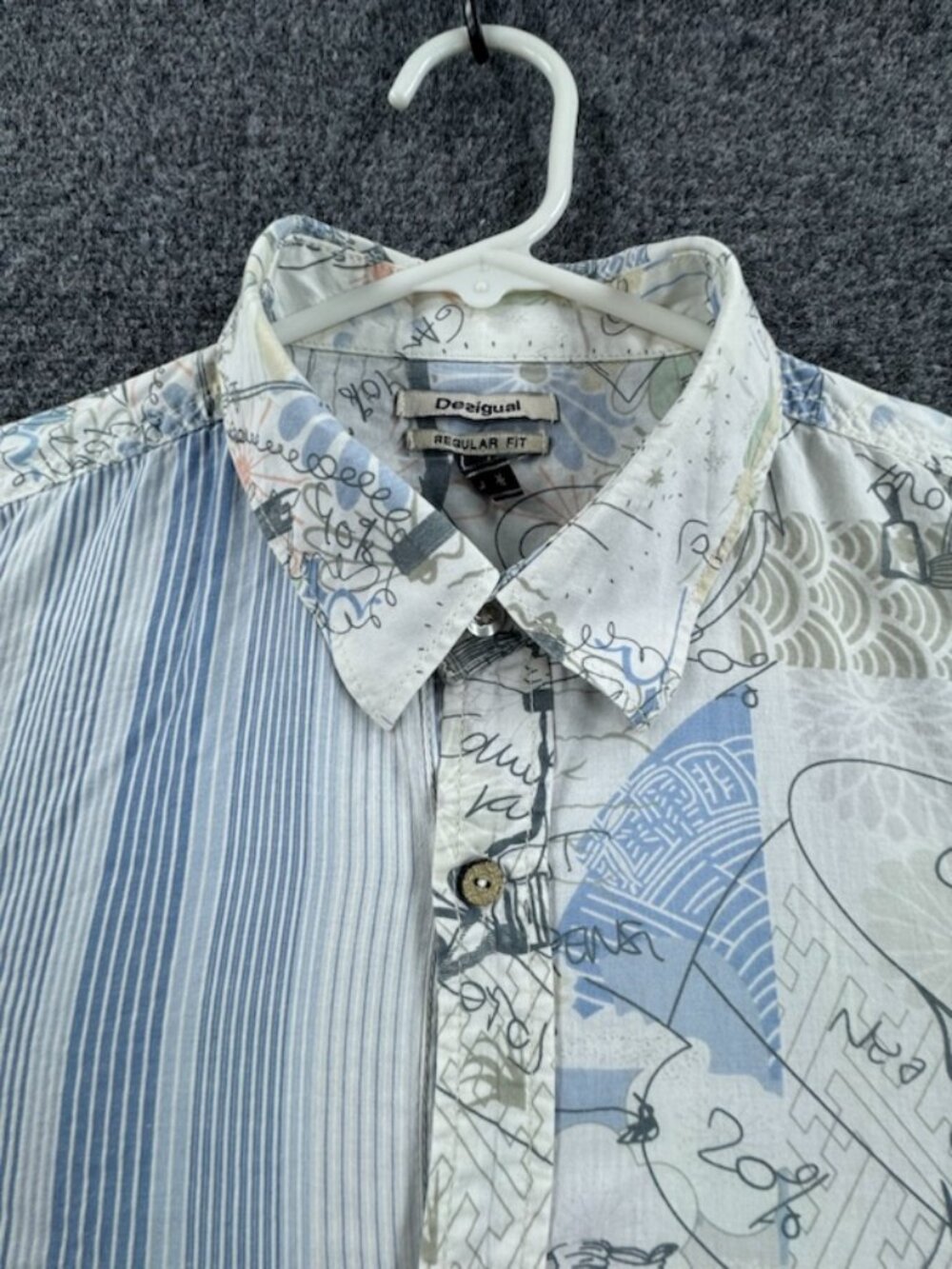 Desigual Blue Graphic Large Cotton Shirt Mens Long Sleeve Button Up Adult Spread